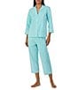 Color:Turquoise Stripe - Image 1 - Petite Size 3/4 Sleeve Notch Collar Woven Striped Cropped Pajama Set