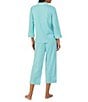 Color:Turquoise Stripe - Image 2 - Petite Size 3/4 Sleeve Notch Collar Woven Striped Cropped Pajama Set
