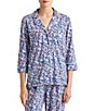Color:Blue Floral - Image 3 - Petite Size Blue Floral Print 3/4 Sleeve Notch Collar Long Knit Pajama Set