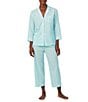 Color:Turquoise Print - Image 1 - Petite Size Checkered Print 3/4 Sleeve Notch Collar Woven Pajama Set