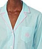 Color:Turquoise Print - Image 3 - Petite Size Checkered Print 3/4 Sleeve Notch Collar Woven Pajama Set