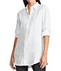 Color:White - Image 1 - Petite Size Collared Long Sleeve Pleated Cuff Button Front Shirt