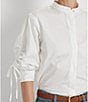 Color:White - Image 4 - Petite Size Cotton Blend Band Collar 3/4 Ruched Sleeve Button Front Shirt