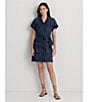 Color:Atlas Wash - Image 4 - Petite Size Dark Wash Belted Button Front Pocketed Denim Daytime Dress
