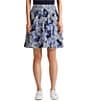 Color:Blue/Cream/Navy - Image 1 - Petite Size Floral Print Georgette Ruffle Trim A-Line Skirt