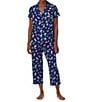 Color:Navy Print - Image 1 - Petite Size Floral Print Short Sleeve Notch Collar Capri Jersey Knit Pant Pajama Set