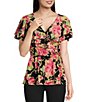 Color:Black - Image 1 - Petite Size Floral Print Surplice V-Neck Short Flutter Sleeve Ruffle Capelet Overlay Tie Waist Peplum Top