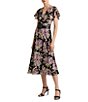 Color:Black/Lavender/Cream - Image 1 - Petite Size Floral Print V-Neck Short Flutter Sleeve Crinkled Georgette Dress