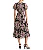 Color:Black/Lavender/Cream - Image 2 - Petite Size Floral Print V-Neck Short Flutter Sleeve Crinkled Georgette Dress
