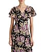 Color:Black/Lavender/Cream - Image 3 - Petite Size Floral Print V-Neck Short Flutter Sleeve Crinkled Georgette Dress