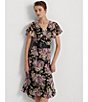 Color:Black/Lavender/Cream - Image 4 - Petite Size Floral Print V-Neck Short Flutter Sleeve Crinkled Georgette Dress