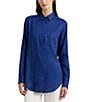 Color:Indigo Sail - Image 1 - Petite Size Karrie Linen Roll-Tab Sleeve Point Collared Button Down Shirt