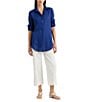 Color:Indigo Sail - Image 3 - Petite Size Karrie Linen Roll-Tab Sleeve Point Collared Button Down Shirt