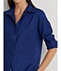 Color:Indigo Sail - Image 4 - Petite Size Karrie Linen Roll-Tab Sleeve Point Collared Button Down Shirt