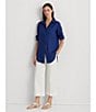 Color:Indigo Sail - Image 5 - Petite Size Karrie Linen Roll-Tab Sleeve Point Collared Button Down Shirt