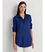 Color:Indigo Sail - Image 6 - Petite Size Karrie Linen Roll-Tab Sleeve Point Collared Button Down Shirt