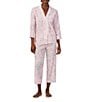 Color:Pink Print - Image 1 - Petite Size Paisley Print 3/4 Sleeve Notch Collar Woven Pajama Set