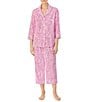 Color:Pink Paisley - Image 1 - Petite Size Paisley Print Knit Notch Collar 3/4 Sleeve Crop Pajama Set