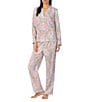 Color:Multi Paisley - Image 1 - Petite Size Sateen Multi Paisley Long Sleeve Notch Collar Long Pant Pajama Set