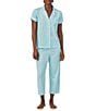Color:Turquoise Stripe - Image 1 - Petite Size Short Sleeve Notch Collar Capri Pant Knit Striped Pajama Set