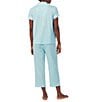 Color:Turquoise Stripe - Image 2 - Petite Size Short Sleeve Notch Collar Capri Pant Knit Striped Pajama Set