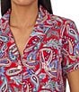 Color:Red Print - Image 3 - Petite Size Short Sleeve Notch Collar Woven Paisley Cropped Pant Pajama Set