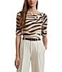 Lauren Ralph Lauren Petite Size Stretch Cotton Zebra Boat Neck Elbow Sleeve Tee, Color:Cream/Brown - Image 1