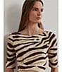 Lauren Ralph Lauren Petite Size Stretch Cotton Zebra Boat Neck Elbow Sleeve Tee, Color:Cream/Brown - Image 4