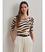 Lauren Ralph Lauren Petite Size Stretch Cotton Zebra Boat Neck Elbow Sleeve Tee, Color:Cream/Brown - Image 6