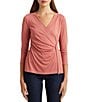 Color:Pink Mahogany - Image 1 - Petite Size Stretch Jersey Surplice V-Neck 3/4 Sleeve Front Wrap Top