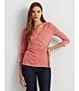 Color:Pink Mahogany - Image 4 - Petite Size Stretch Jersey Surplice V-Neck 3/4 Sleeve Front Wrap Top