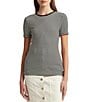 Color:Black/Mascarpone Cream - Image 1 - Petite Size Striped Print Stretch Cotton Crew Neck Short Sleeve Tee Shirt