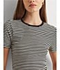 Color:Black/Mascarpone Cream - Image 4 - Petite Size Striped Print Stretch Cotton Crew Neck Short Sleeve Tee Shirt