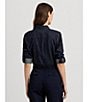 Color:Blue - Image 5 - Petite Size Twill Denim Point Collar Patch Pocket Button Front Roll-Tab Sleeve Top