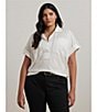 Lauren Ralph Lauren Plus Size Cotton Blend Point Collar Short Roll-Tab Sleeve Hi-Low Hem Camp Shirt, Color:White - Image 4