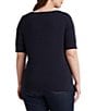 Color:Lauren Navy - Image 2 - Plus Size Stretch Cotton Boat Neck Short Folded Elbow Sleeve Top