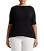 Lauren Ralph Lauren Plus Size Stretch Cotton Boat Neck Short Folded Elbow Sleeve Top - Image 1