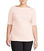 Color:Pale Rose - Image 1 - Plus Size Stretch Cotton Boat Neck Short Folded Elbow Sleeve Top