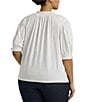 Color:White - Image 2 - Plus Size Embroidered Ruffle Trim Tassel Tie Split V-Neck Puff Elbow Sleeve Top