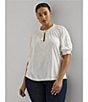 Color:White - Image 4 - Plus Size Embroidered Ruffle Trim Tassel Tie Split V-Neck Puff Elbow Sleeve Top