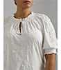 Color:White - Image 5 - Plus Size Embroidered Ruffle Trim Tassel Tie Split V-Neck Puff Elbow Sleeve Top