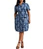 Color:Blue/Cream - Image 1 - Plus Size Floral Belted Point Collar Short Sleeve Side Pocket Linen Button Front Shirt Dress