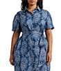 Color:Blue/Cream - Image 3 - Plus Size Floral Belted Point Collar Short Sleeve Side Pocket Linen Button Front Shirt Dress