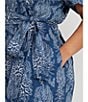 Color:Blue/Cream - Image 4 - Plus Size Floral Belted Point Collar Short Sleeve Side Pocket Linen Button Front Shirt Dress