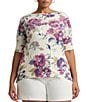 Color:White Multi - Image 1 - Plus Size Floral Stretch Boat Neckline 3/4 Sleeve Tee