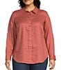 Color:Pink Mahohany - Image 1 - Plus Size Karrie Linen Roll-Tab Sleeve Collared Button Down Collared Shirt