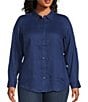 Color:Indigo Sail - Image 1 - Plus Size Karrie Linen Roll-Tab Sleeve Collared Button Down Collared Shirt