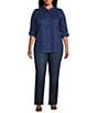 Color:Indigo Sail - Image 3 - Plus Size Karrie Linen Roll-Tab Sleeve Collared Button Down Collared Shirt