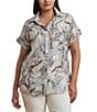 Lauren Ralph Lauren Plus Size Linen Abstract Print Point Collar Short Sleeve Button-Front Shirt, Color:Cream Multi - Image 1