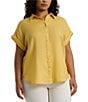 Color:Primrose Yellow - Image 1 - Plus Size Point Collar Short Sleeve Linen Shirt